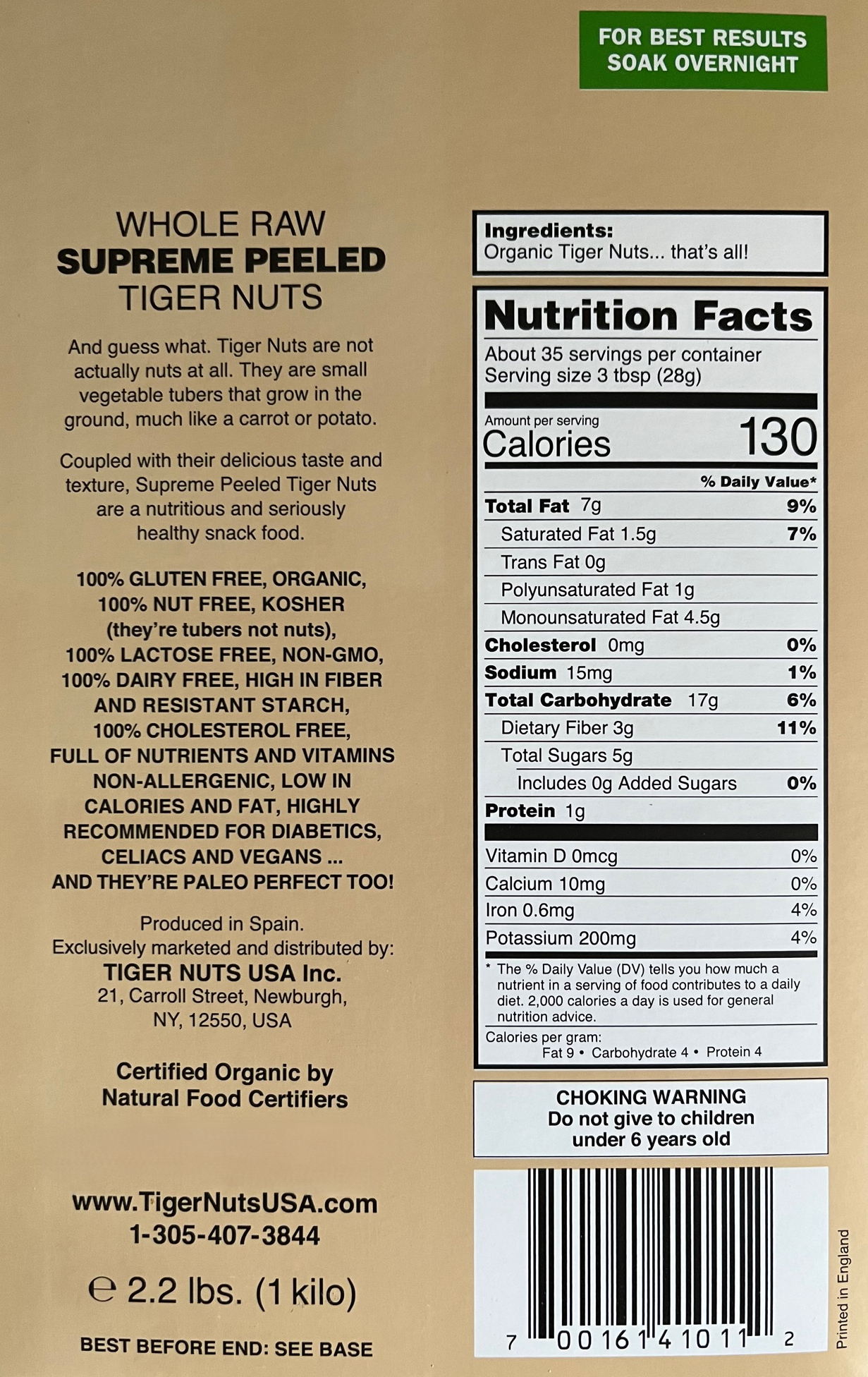 Supreme Peeled Tiger Nuts in 1 Kilo box (2.2 lbs.)