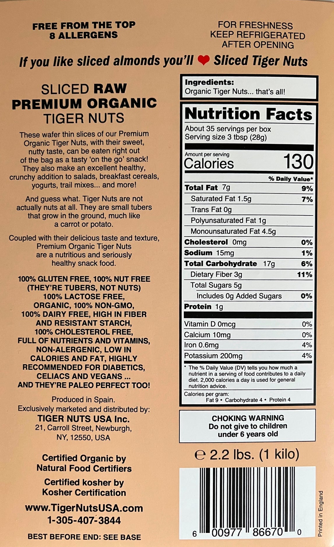 Sliced Tiger Nuts in Kilo box (2.2 lbs.)