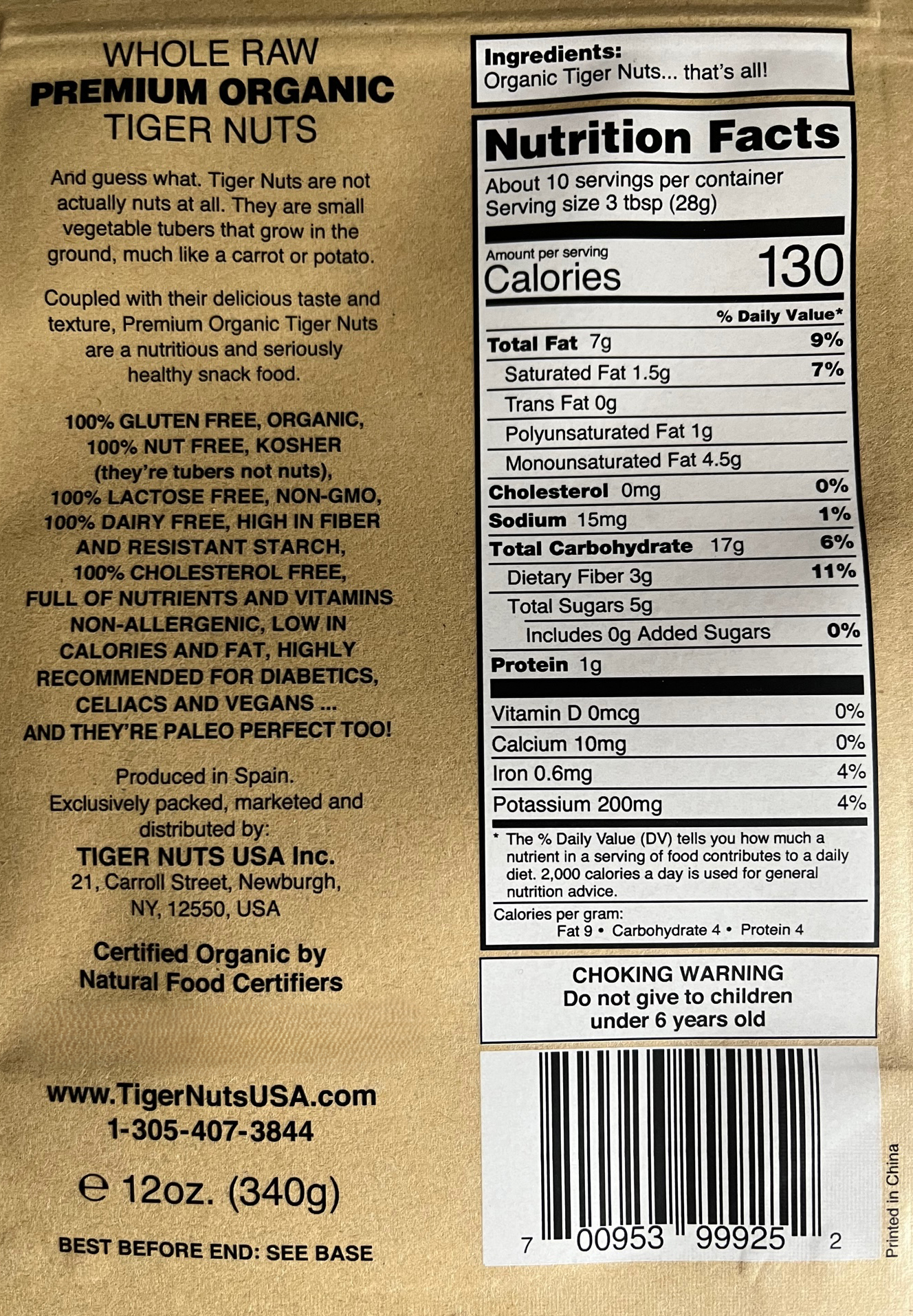 Raw Premium Organic Tiger Nuts in 12 oz bag